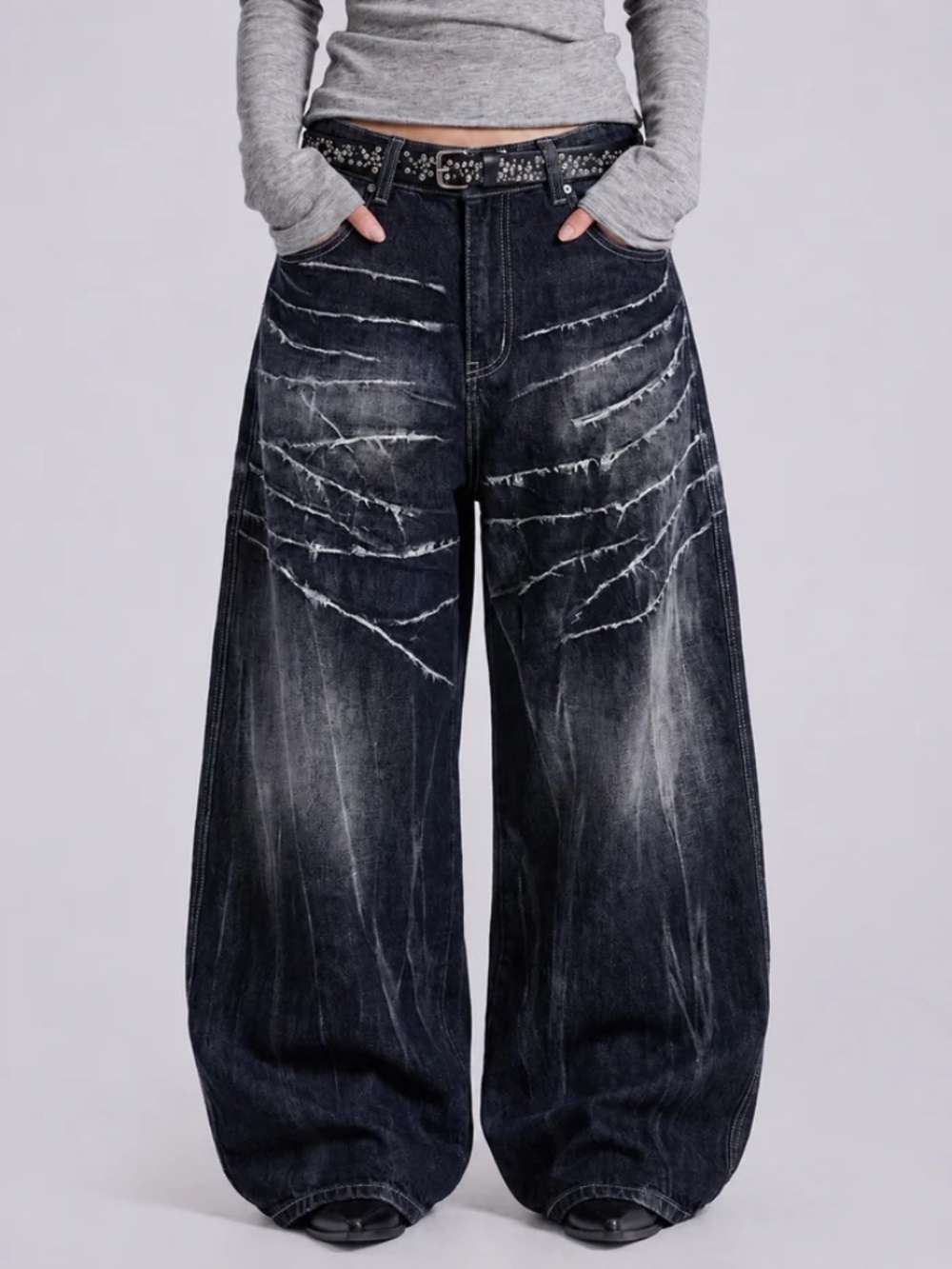 Y2K Black Ghost Wash Baggy Wide Leg Jeans M